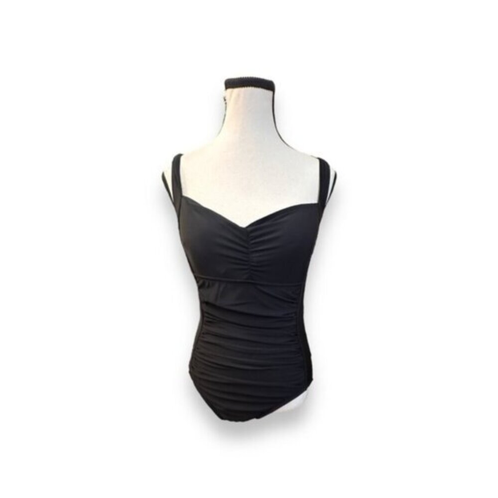 🆕 NWT Women’s 12 L Black Retro Style One Piece Ruched V Neck 50’s Swimsuit